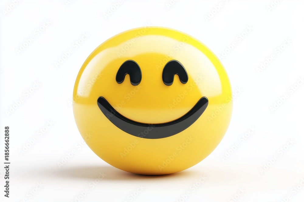 Fototapeta premium Bright yellow happy smiley face emoji icon, 3D rendered, cheerful, symbolizing happiness, positivity, good mood, satisfaction.