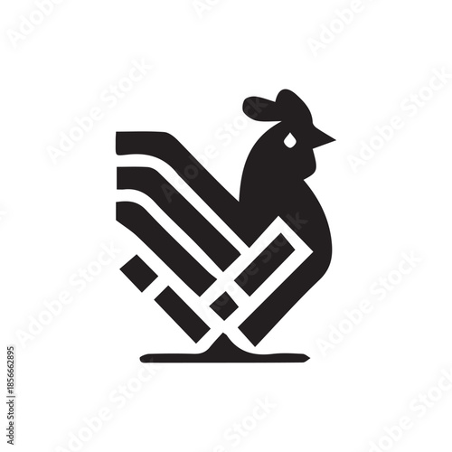 Stylized black rooster bird icon design on a white background