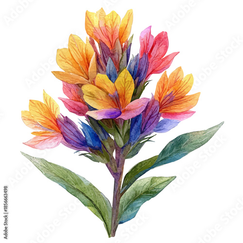 Indian Paintbrush Flower, whimsical watercolor vector illustration with vibrant highlights and delicate strokes, isolated on a white background.