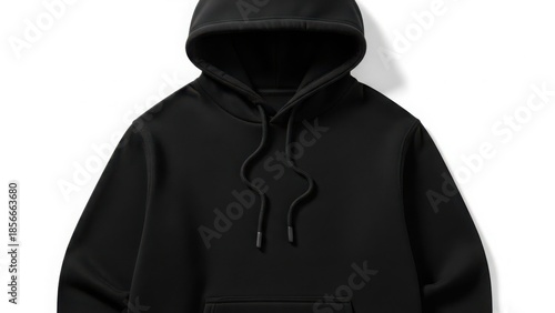 A classic black hoodie with a drawstring and kangaroo pocket displayed on a white background