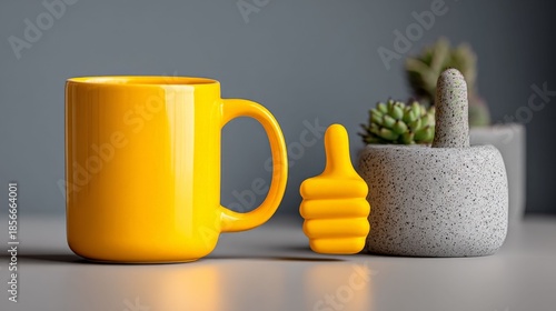 Golden Mug & Like Icon: An eye-level, close-up shot of a bright yellow mug and a yellow like icon, set against a blurred background, evokes a feeling of freshness, like and good.