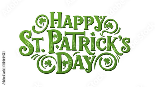 Happy St. Patrick's Day Green Typography with Shamrocks and Swirls