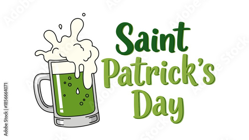 Whimsical illustration of green beer overflowing from a mug for Saint Patrick's Day