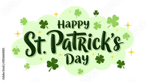 Happy St. Patrick's Day greeting with shamrocks and stars on a light green background