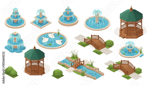 City park isometric vector elements with fountains ponds and gazebo pavilions isolated on white background