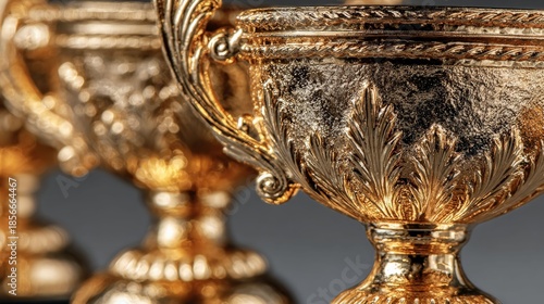 Golden Trophies: A captivating close-up of elegantly crafted gold trophies, radiating opulence, achievement, and triumph. 