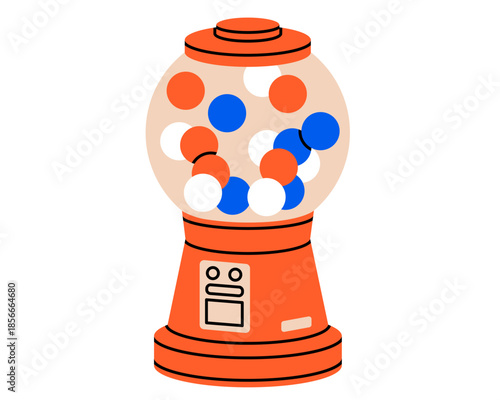Hand drawn cute illustration of gumball machine. Flat vector sweet bubblegum dispenser doodle. Unhealthy eating sticker. Vintage vending machine. Childhood tasty treat. Isolated.