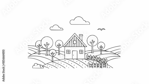 Simple Line Drawing of a Rural House Surrounded by Trees and Fields.
