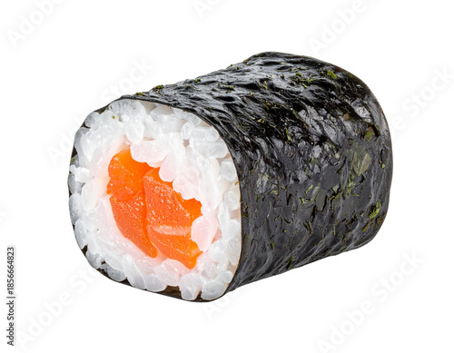 A single piece of salmon sushi roll on a white background.