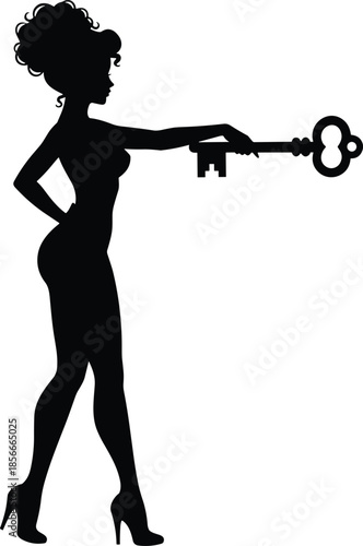 Black Silhouette of a Pin Up Girl Holding a Vintage Key, Elegant Woman in High Heels Security Concept Vector Illustration,