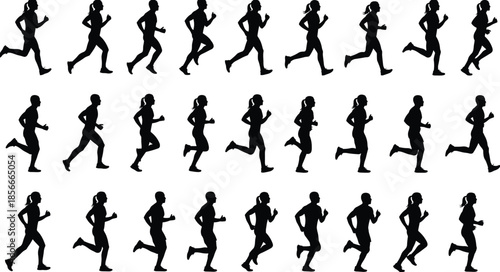 Black Running Silhouette Icons Set, Jogging and Marathon Training Collection Vector, Athletic Male and Female Runner Elements for Fitness Design.