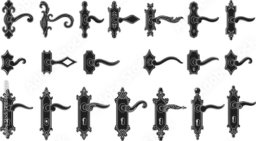 Black Vintage Door Handle Silhouette Icons Set, Antique Victorian Hardware Collection Vector, Ornamental Door Knob Lever Elements for Interior Design.