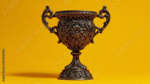 Golden Trophy with Yellow Background: A close-up shot of an antique golden trophy stands gracefully against a vibrant yellow backdrop.
