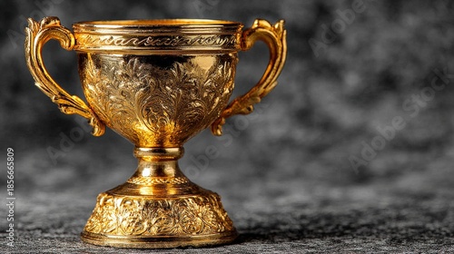 Golden Trophy Elegance: An opulent golden trophy with intricate designs stands majestically against a textured backdrop, epitomizing the allure of reward and accomplishment.