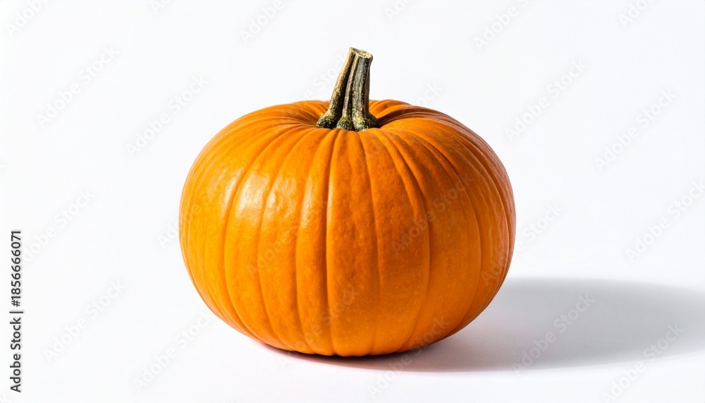 Obraz premium Top-down view of a single medium-sized orange pumpkin with smooth vertical ridges and a short greenish-brown stem, placed against a plain white background. Soft shadow to the right enhances its three-