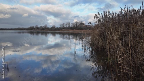 Wide panoramic view of a calm river or lake with golden reeds, dramatic cloudy sky and soft reflections on water. Peaceful autumn wetland landscape, natural light, rural scenery.