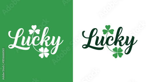 Lucky word with clovers in St. Patricks Day style on green and white backgrounds