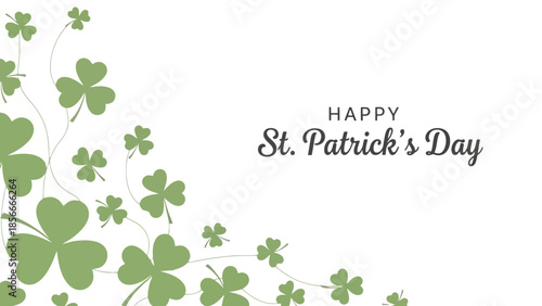 Happy St. Patrick's Day greeting with green clover shamrock leaves and swirls