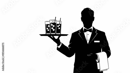 Waiter in tuxedo serving drinks on a tray.