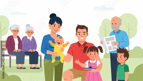 Smiling parents with baby daughter and son.