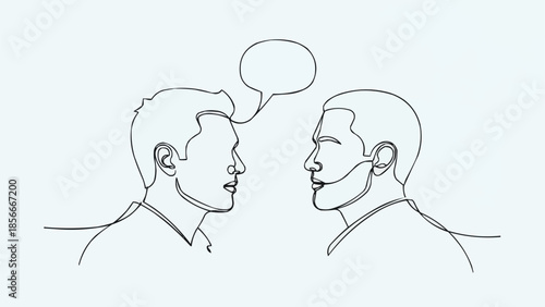 Two men in profile facing each other with a speech bubble above them.