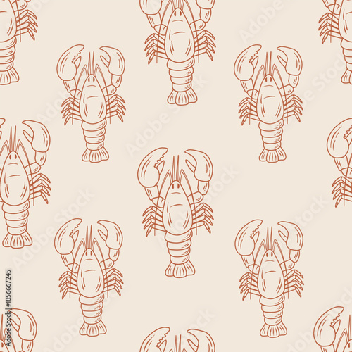 Vintage Seamless pattern with hand drawn lobsters in doodle style. Vector illustration