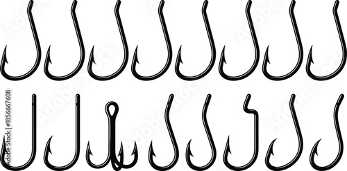 Fishing hooks silhouettes set, sharp metal angling equipment icons, tackle collection, black vector illustration isolated on white background design pack