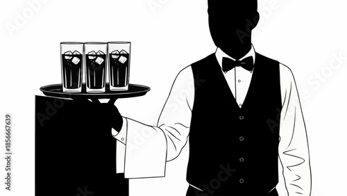 Waiter holding a tray with three glasses of iced drinks.