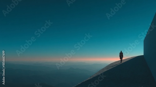Solitary Ascent: A lone figure, silhouetted against a gradient sky, ascends a geometric structure, symbolizing ambition and solitude in a vast landscape.