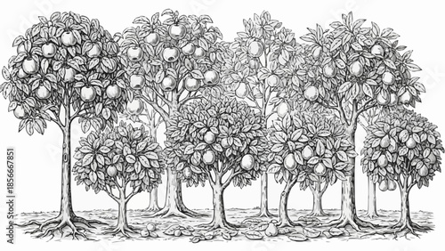 Vintage illustration of a grove of fruit trees laden with ripe fruit.