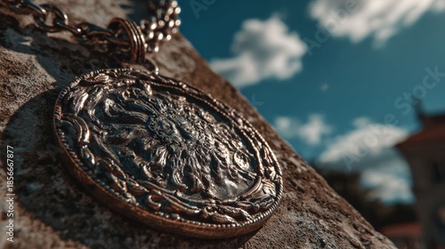 Intricate Medallion's Glimmer: Close-up of an ornate pendant, resting against the textured stone, capturing light, and casting shadows. The sky above is a canvas of blues and whites. 