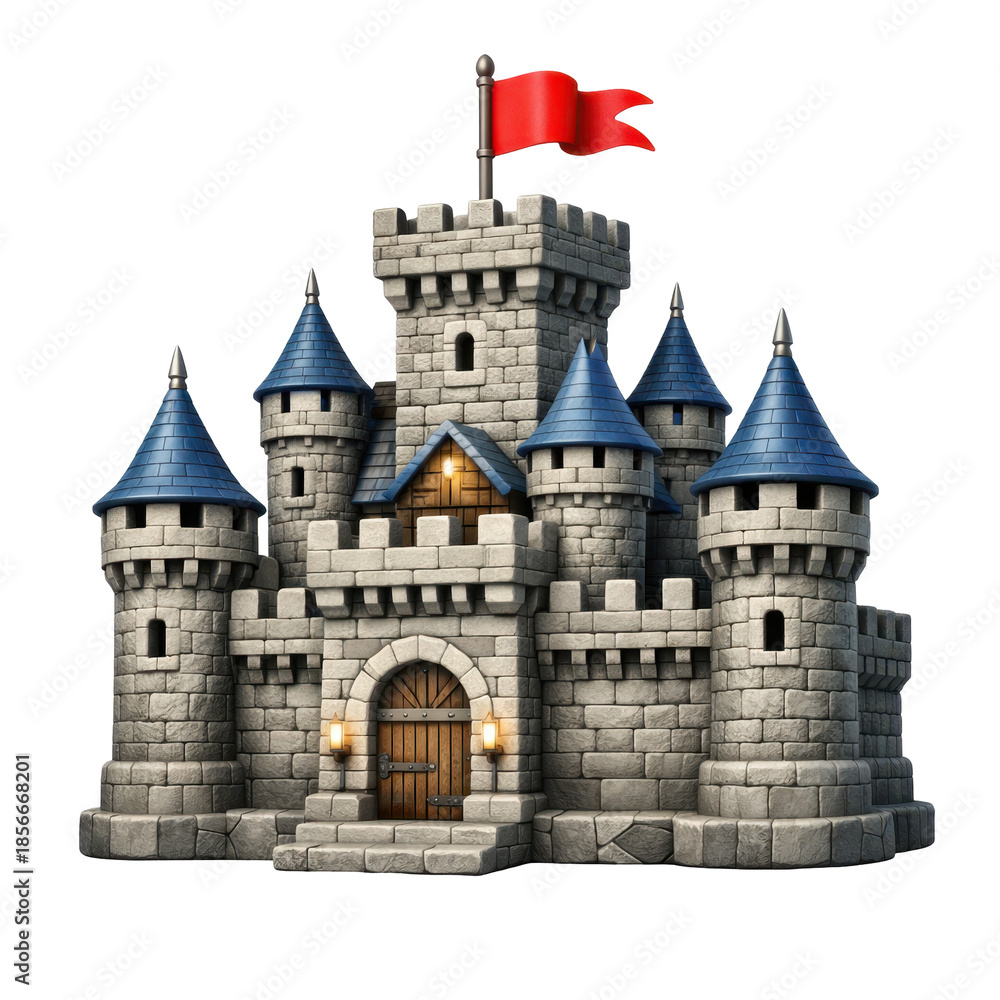 Fototapeta premium Fairytale Medieval Stone Castle With Blue Roof Spires And Red Flag Under Daytime Lighting