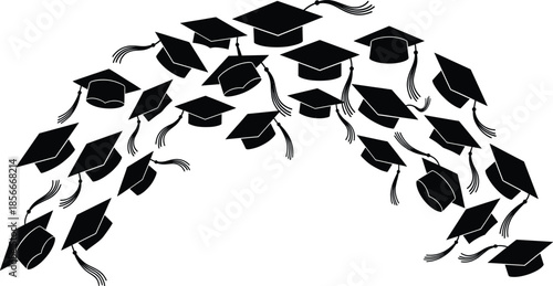 Graduation caps flying silhouette education success celebration academic achievement graduation ceremony concept isolated on white background minimal vector illustration