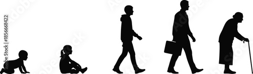 Life stages silhouette illustration showing human growth from crawling baby to elderly person, representing aging, development, evolution, and the complete cycle of human life
