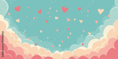 valentines day background with pastel pink, yellow, blue, clouds and hearts vector illustration