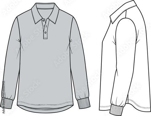 Long Sleeve Polo Shirt Technical Fashion Flat Sketch Template Vector Illustration Button Placket Collar Cuff Apparel Design