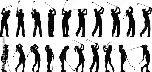 Male and female golf player silhouette vector set, illustrating various full swing actions, athletic poses, and follow-throughs for sports competition content.