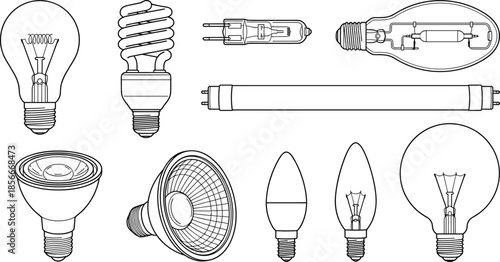 Light bulb types illustration set, incandescent CFL halogen fluorescent LED lamps, black and white technical outline vector collection design pack