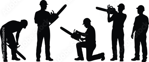 Lumberjack or woodcutter worker silhouettes set, men in hard hats holding chainsaws in various poses, forest industry and forestry service concept, vector illustration