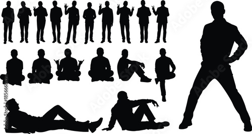 Male silhouette pose collection featuring standing, sitting, meditation, and relaxed positions, versatile vector illustration for design projects, posture references, creative artwork, modern concepts