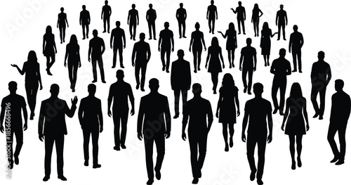 Large crowd silhouettes walking forward, diverse business people group, social movement concept, leadership teamwork illustration isolated on white background design