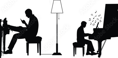 Man sitting at desk using smartphone and pianist playing piano, contrast lifestyle silhouette vector illustration, music creativity and technology concept isolated on white