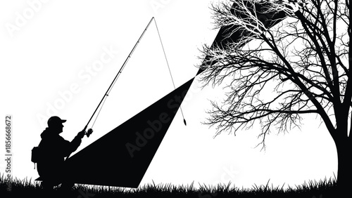Man Sitting by the Water Casting a Line Next to a Tent and Bare Tree, Representing Camping, Solitude, and Outdoor Recreation Activity