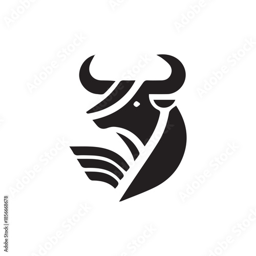 Stylized bull head logo design with wing element