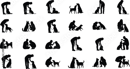Man Training a Sitting Dog on a Leash Vector Silhouette, Isolated Black Graphic of Pet Obedience Instruction, Promoting Animal Education, Responsible Ownership, and 