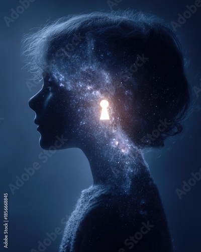Silhouette of a Little Boy Face with Glowing Galaxy and Stars Projecting from his Mind: Concept of Limitless Imagination, Dreaming, Future Vision, and Space Exploration
