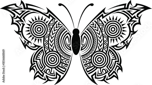 Ornamental butterfly silhouette with tribal geometric patterns isolated on white background, tattoo design vector illustration decorative symmetry art concept icon