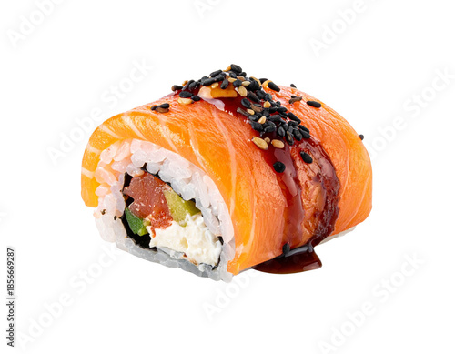 Delicious Salmon Sushi Roll with Cream Cheese and Avocado.
