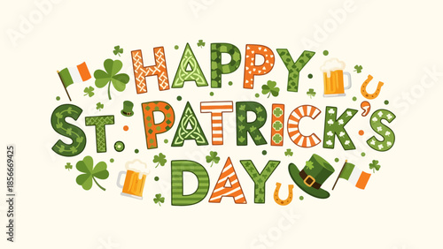 Happy St. Patrick's Day Decorative Text with Irish Symbols and Drinks