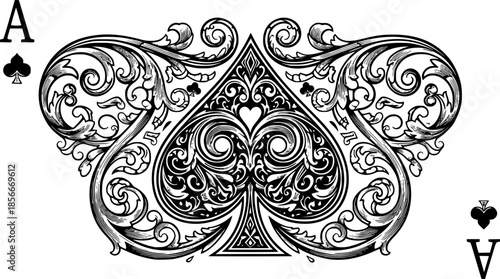 An ace of spades filigree symbol abstract playing card scroll pattern design motif in a vintage etched style
